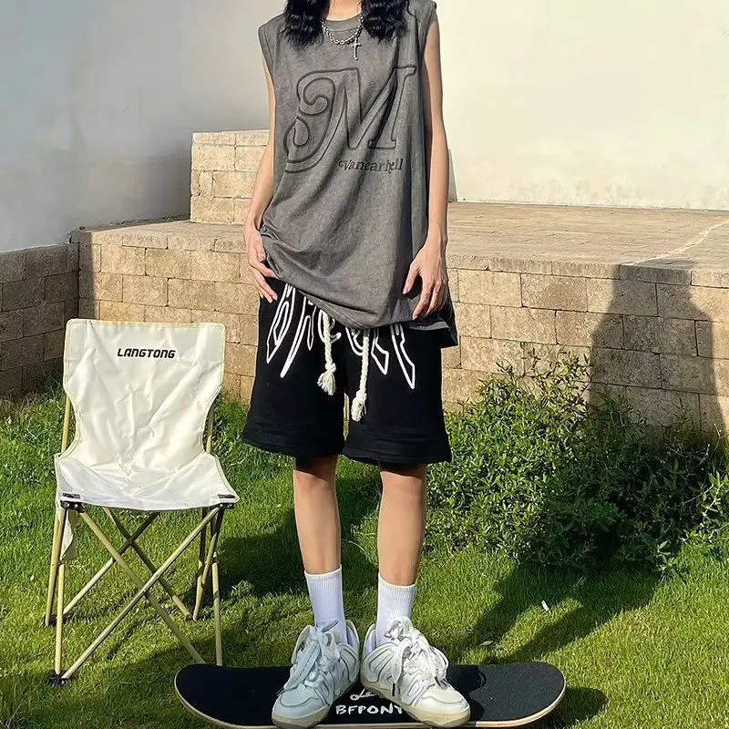 American High Street Hip Hop Star Letter Printed Capris Women's Summer Drawstring Sports Loose Relaxed Trendy Shorts