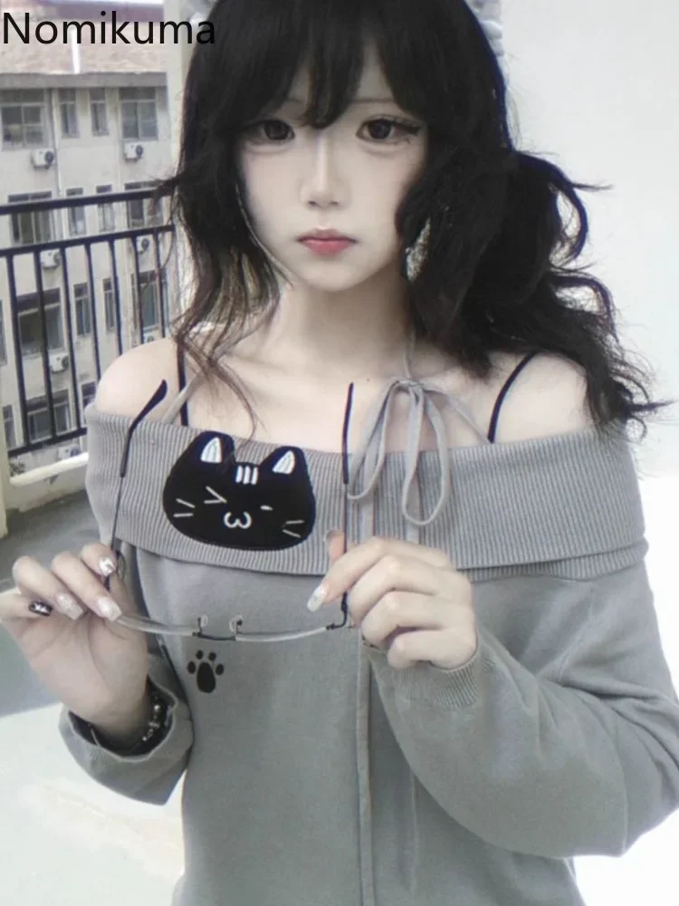 Женский японский свитер Sueter для женщин джемпер с воротником-лодочкой и открытыми