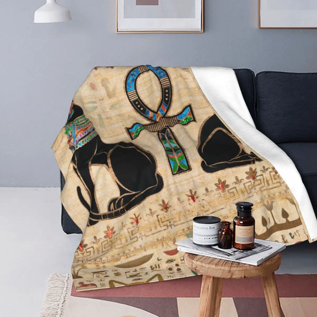 

Egyptian Cats And Ankh Cross Blanket Velvet Print Egypt Multifunction Lightweight Throw Blanket for Bed Travel Plush Thin Quilt