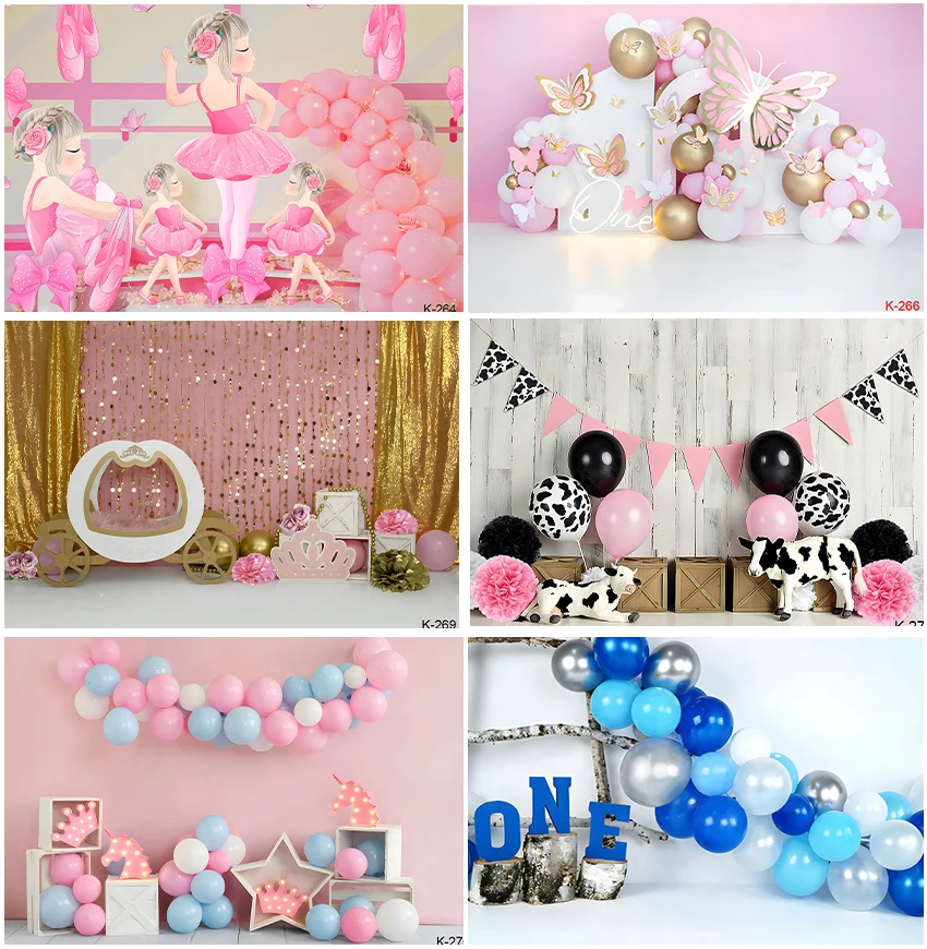 

Happy 1st Birthday Party Decor Backdrops Photography Balloons Cake Smash Children Portrait Custom Backgrounds Supplies Props