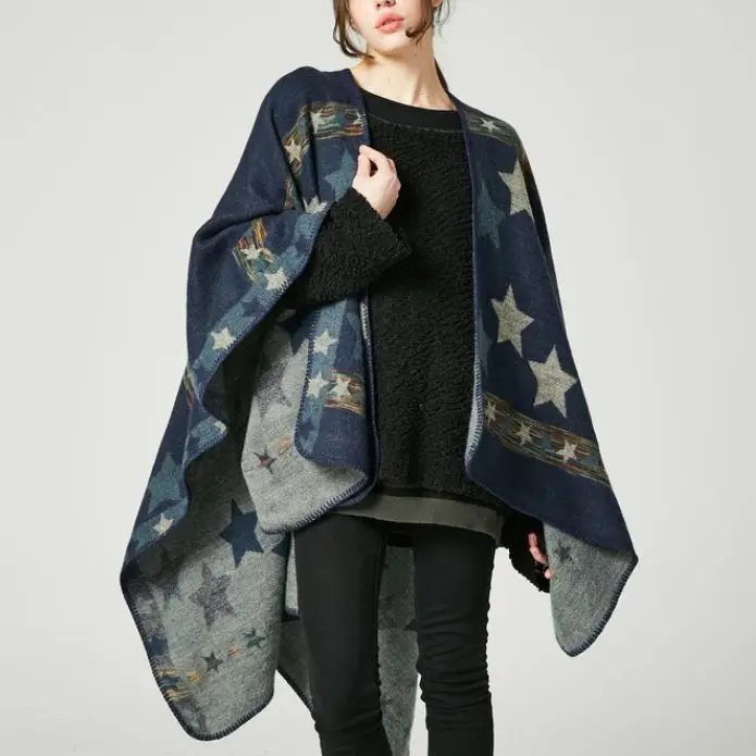 

TEELYNN Boho Star Pattern Knit Shawl Cape Cardigan Women Outwear Autumn Winter 2022 Vintage Scarves Ponchos Cloak Scarf Pashmina