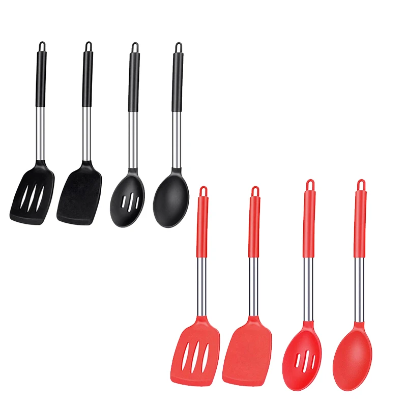 

4 Pcs Silicone Cooking Spoon Slotted Spoon Turner Spatula,Stainless Steel Handle,For Nonstick Cookware-FS-PHFU