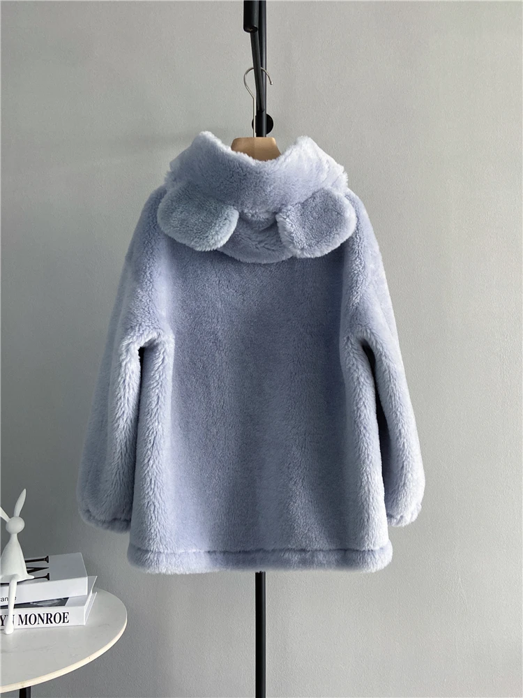 2023 Winter New Women's Fashion Casual Warm Real Fur Coat Solid Hooded Korean Style Long Sleeve Sheep Shearing Fur Coat F29