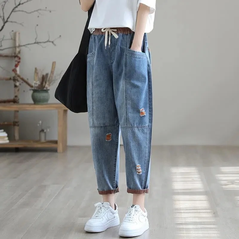 

Ripped Nine-point Jeans Women's Summer 2023 Loose Thin New Elastic Waist Casual Large Size Haren Pants Female Denim Trousers