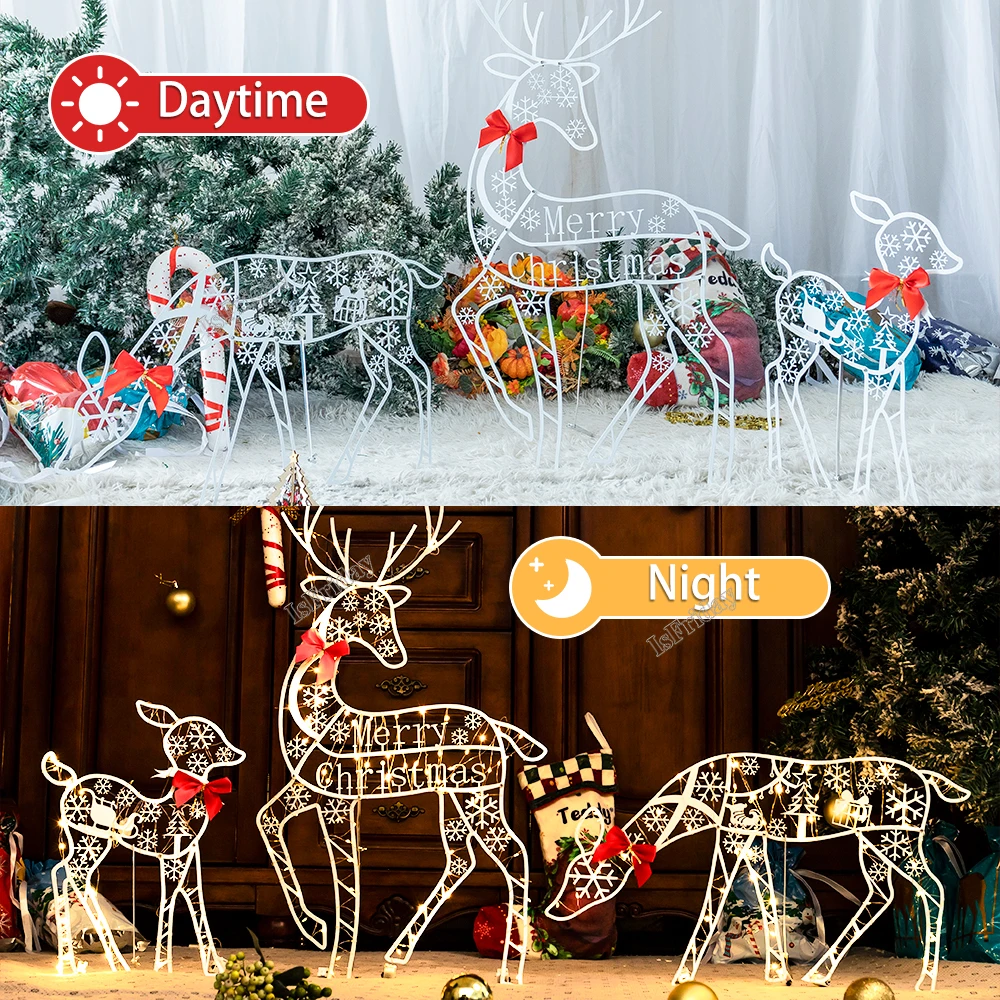 3PCS Handmake Iron Art Elk Deer Christmas Garden Decor &ampLED Light Glowing Glitter Reindeer Xmas Home Outdoor Yard Ornament