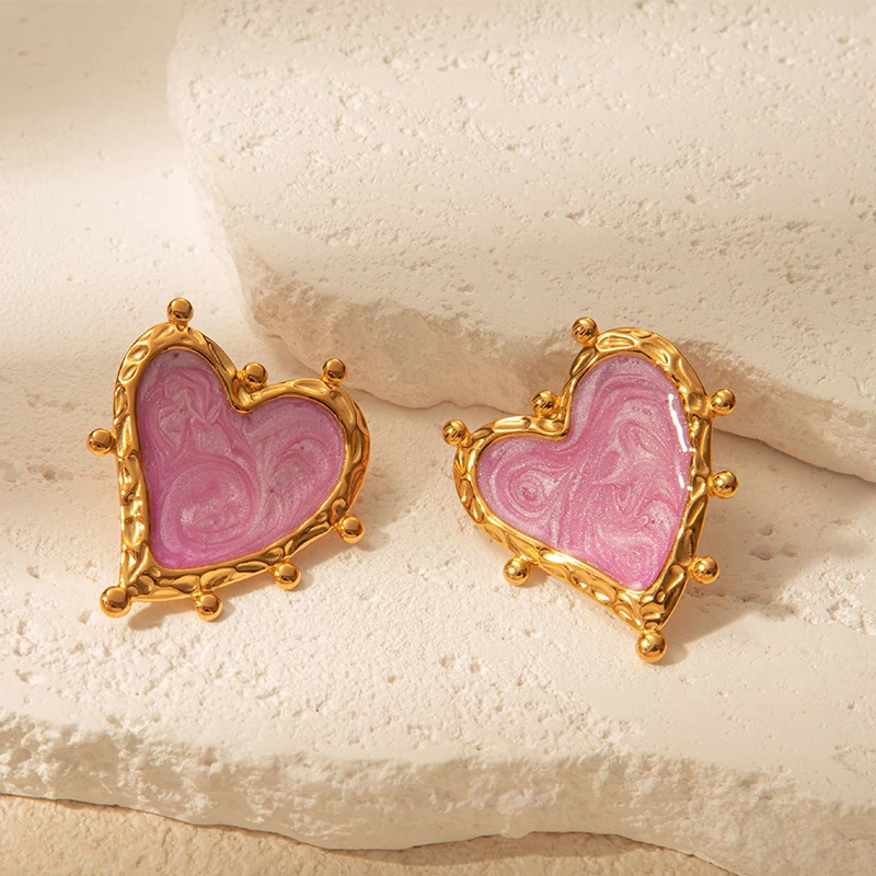 Женские серьги с большим сердцем Нержавеющая сталь. Розовый цвет.