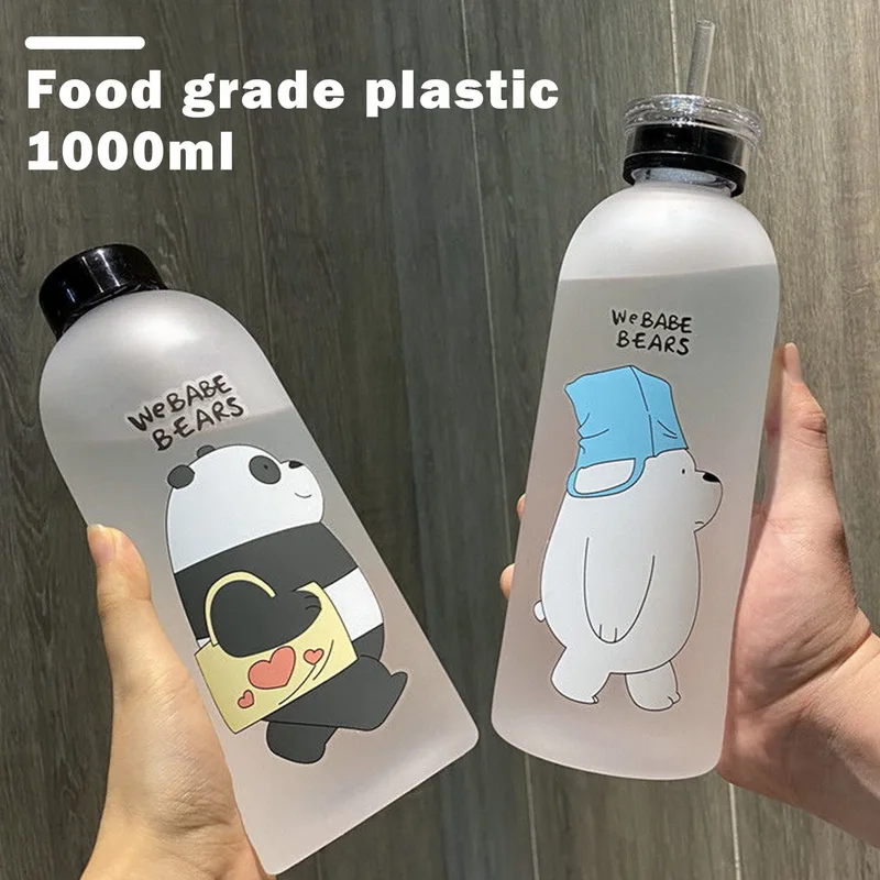 

1L Cute Panda Bear Cup 1000ml Water Bottles With/Without Straw Cartoon Water Bottle Drinkware Frosted Leak-proof Protein Shaker