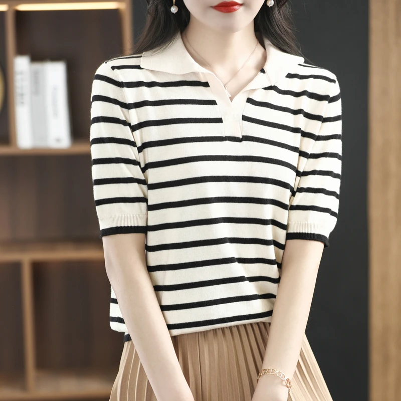 

V-Neck Striped Knit Ladies 2022 New 100% Cotton Top T-Shirt Soft and Comfortable Short Sweater Short Sleeve Sweater T-Shirt