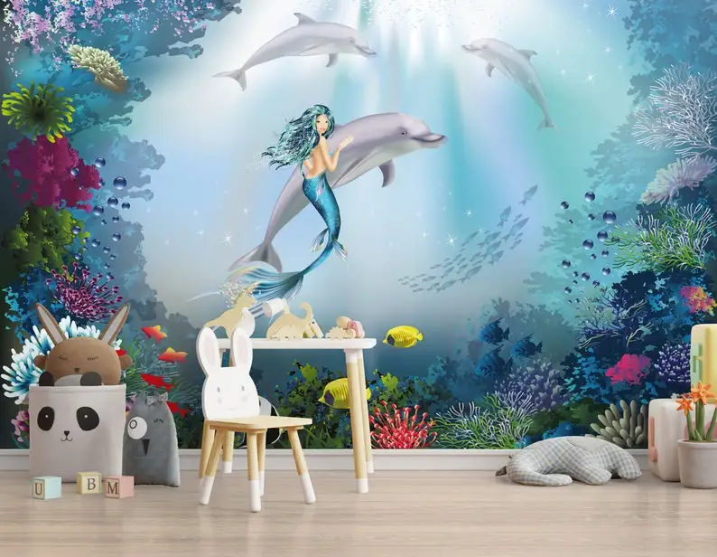 

Realistic Underwater World and Mermaid Child Wall Decor, Watercolor Underwater Life Kids Wallpaper, Cute Sea Creatures Nursery W