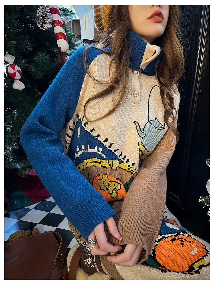 

Повседневное женское платье Hikigawa с мультяшным принтом, подходящие ко всему платья с отложным воротником, свободные шикарные модные платья контрастных цветов, женское платье