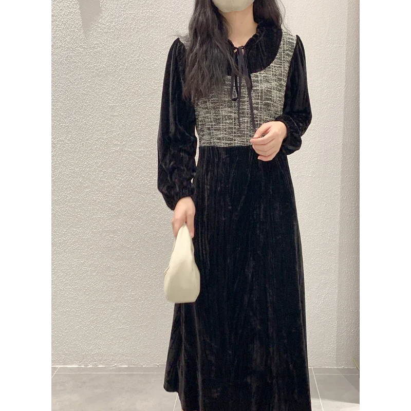 Женское твидовое платье черное бархатное Элегантное Длинное в винтажном стиле с