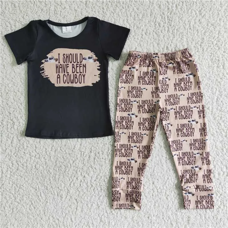

New RTS Summer Fashion Baby Boys Black Short Sleeve Brown Pants Set Boutique Wholesale Children Kids Clothing Outfits