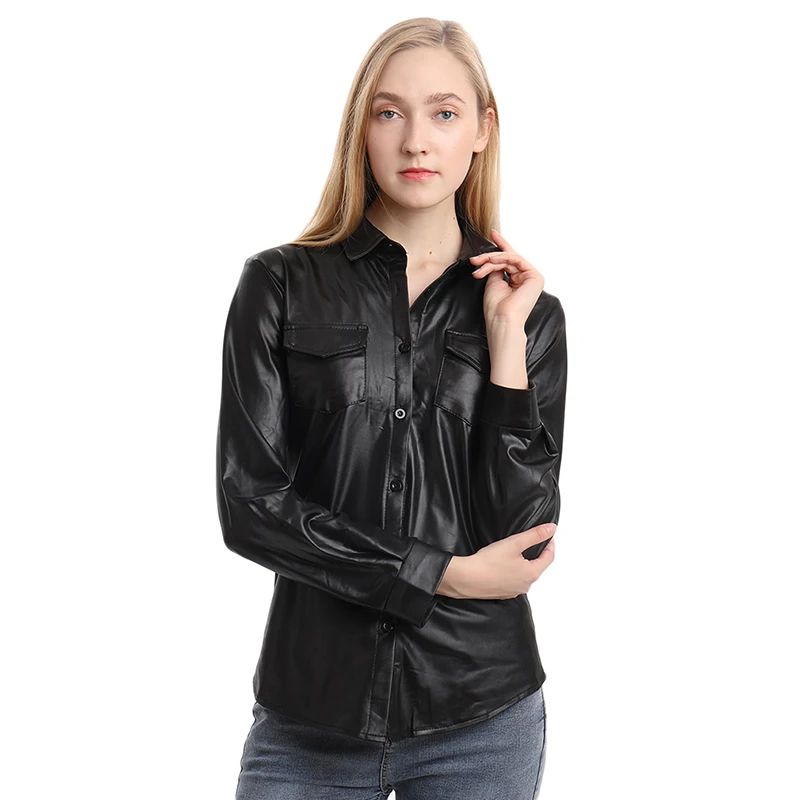 

PU Leather Blouse Women 2020 Autumn Clothing Long Sleeve Shirts Blouses Turn Down Collar Slim Shirt Chemise Femme