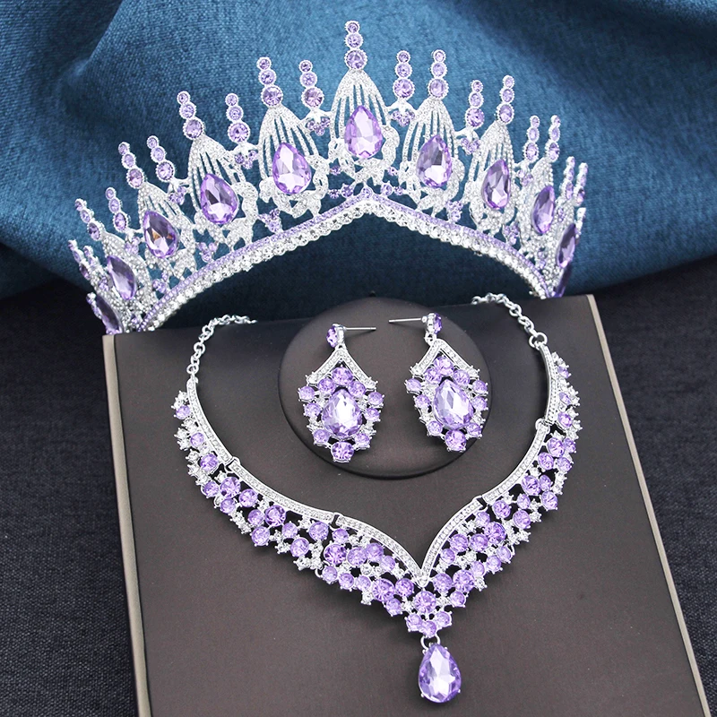 Элегантный комплект из 3 предметов фиолетовая свадебная корона и серьги для