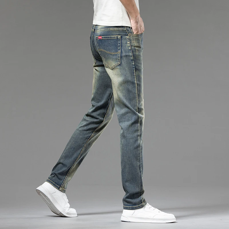 Джинсы мужские тонкие состаренные летние узкие эластичные длинные брюки с
