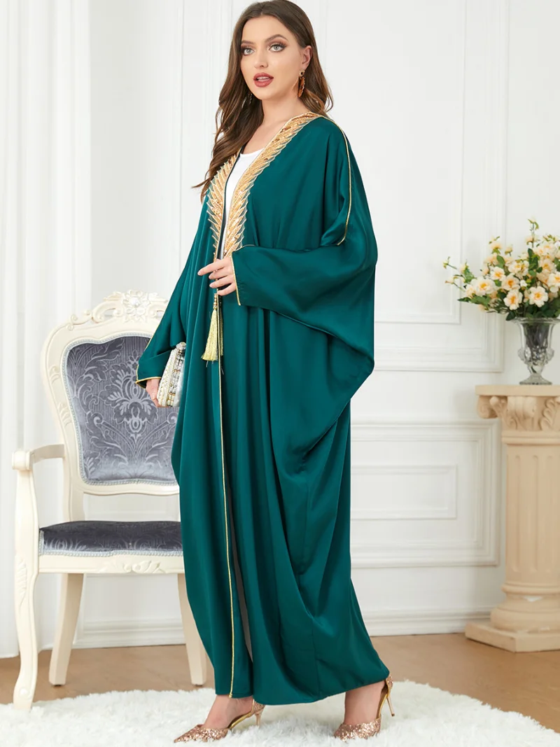 Moroccan Kaftan Batwing Sleeve Appliques Patchwork Cardigan Maxi Long Dresses Solid Green Casual Loose Muslim Abaya Dress Dubai