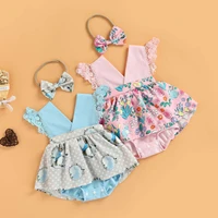 summer baby girls clothing bodysuit dress set easter bunny print lace patchwork v neck toddler sleeveless jumpsuit with headband