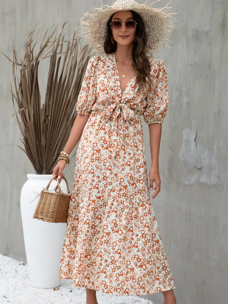 

Женское длинное платье с разрезом, элегантное праздничное платье-трапеция макси с коротким рукавом и цветочным принтом, платье с V-образным ...