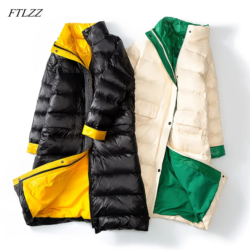 

Новое зимнее длинное пальто FTLZZ, Женская ульсветильник куртка на белом утином пуху, женский свободный ветрозащитный пуховик