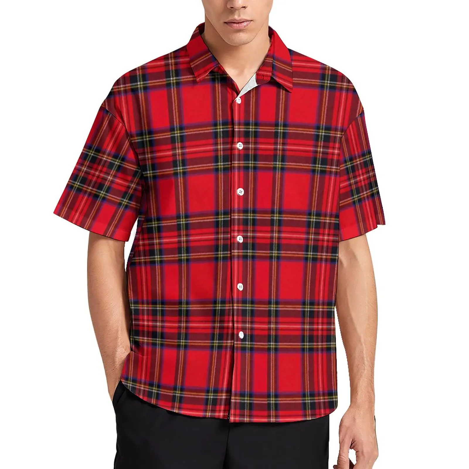 

Red Black Plaid Casual Shirt Male Vintage Royal Tartan Hawaiian Shirt Fashion Blouses Short-Sleeve Oversize