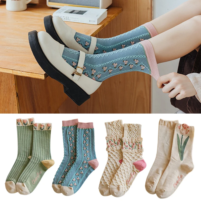 

Новые женские носки, зимние, в японском стиле, с цветами, модные, повседневные хлопковые носки, милые, милые носки для девочек с рюшами и обор...