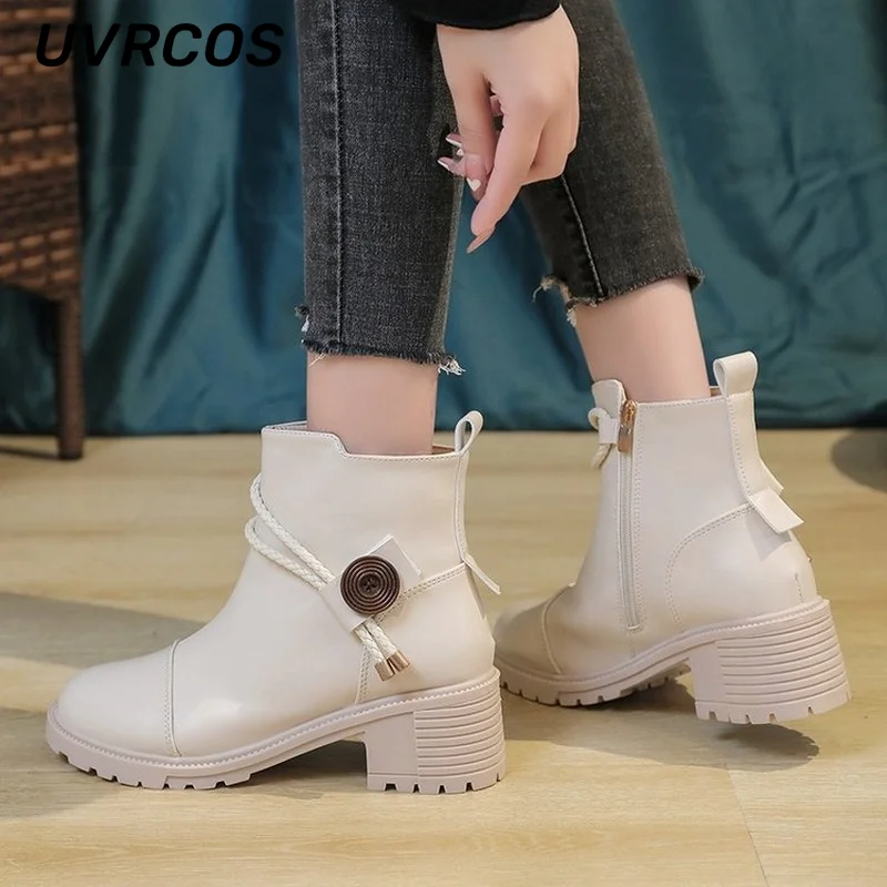 

Thick Sole Ankle Boots New Women's Shoes Fashion Round Autumn Women Boots Solid Color Black Boots Comfortable Boots Women Shoes