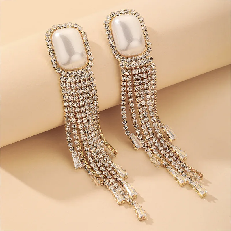 

Delicate Diamond Pearl Long Tassel Shine Eardrop Europe And The US Ins Luxury Fashion Atmosphere Temperament Earrings Wholesale
