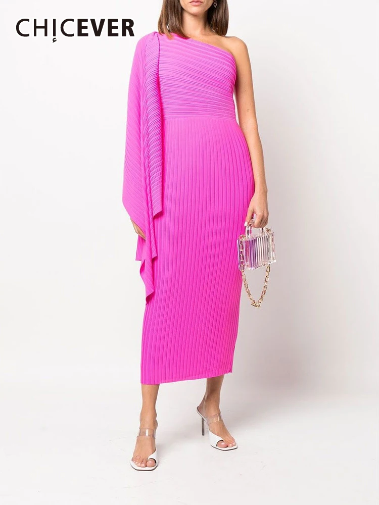 

CHICEVER Asymmetrical Solid Dresses For Women Diagonal Collar Off One Shoulder High Waist Tunic Slim Folds Summer Dress Female