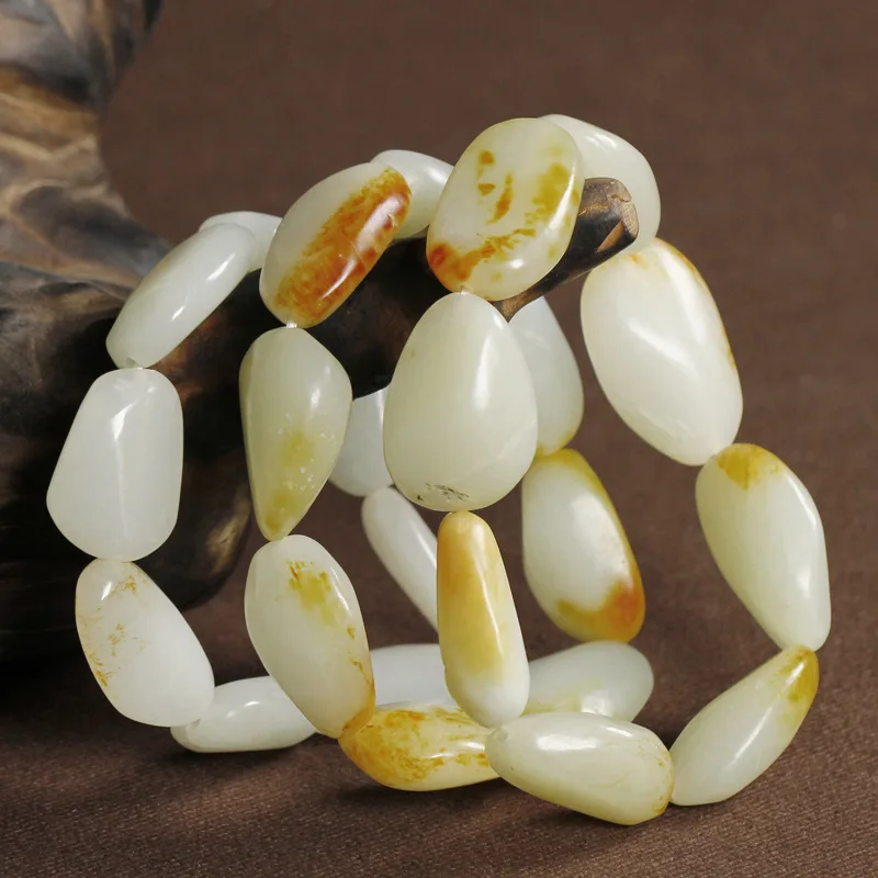 

Natural Hetian Jades Tumbled Stones Bracelet Raw Jade Original Stone With Skin Nephrite Beads Elastic Beaded Bracelets Bangles