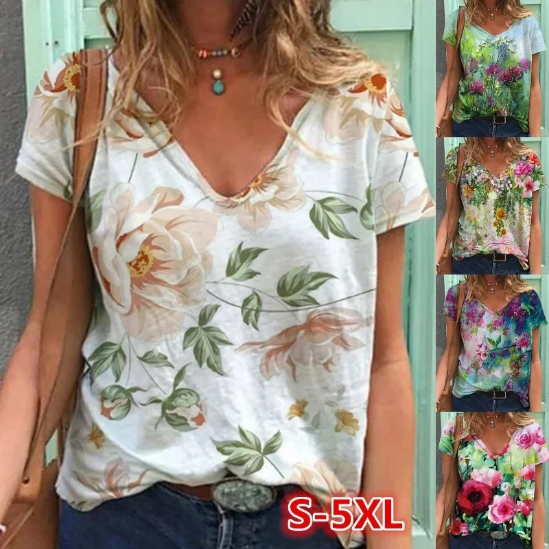 2022 Summer Clothes Women Abstract Flower Print Short Sleeve T-Shirts New Fashion Lady V-Neck Loose Cotton Tops S-5XL Shirts