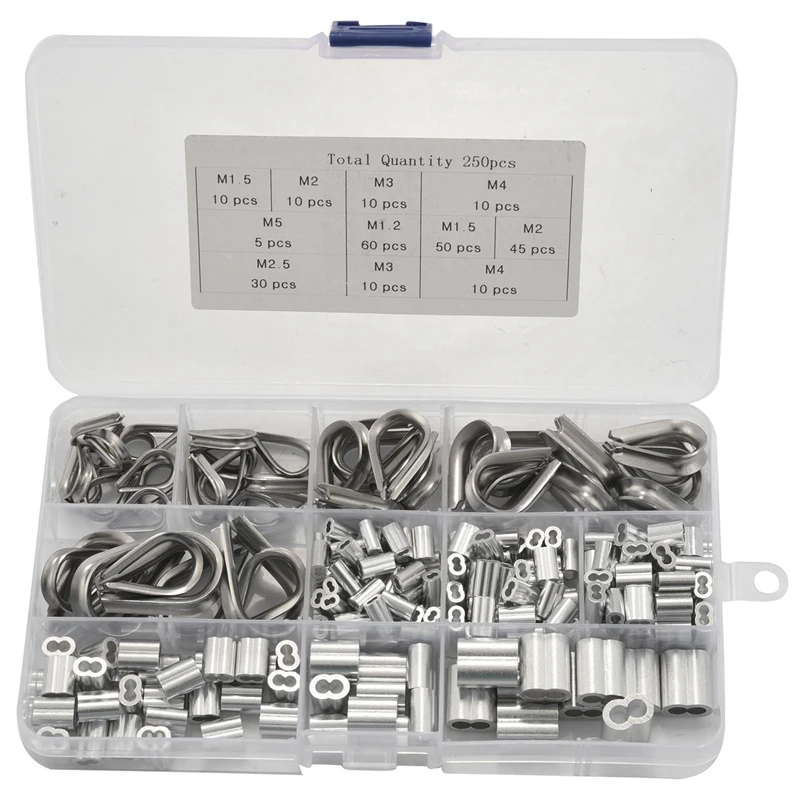 

NEW-250Pcs Wire Rope Cable Thimbles Combo And Aluminum Crimping Loop Sleeve Assortment Kit For Wire Rope Cable Thimbles Rigging