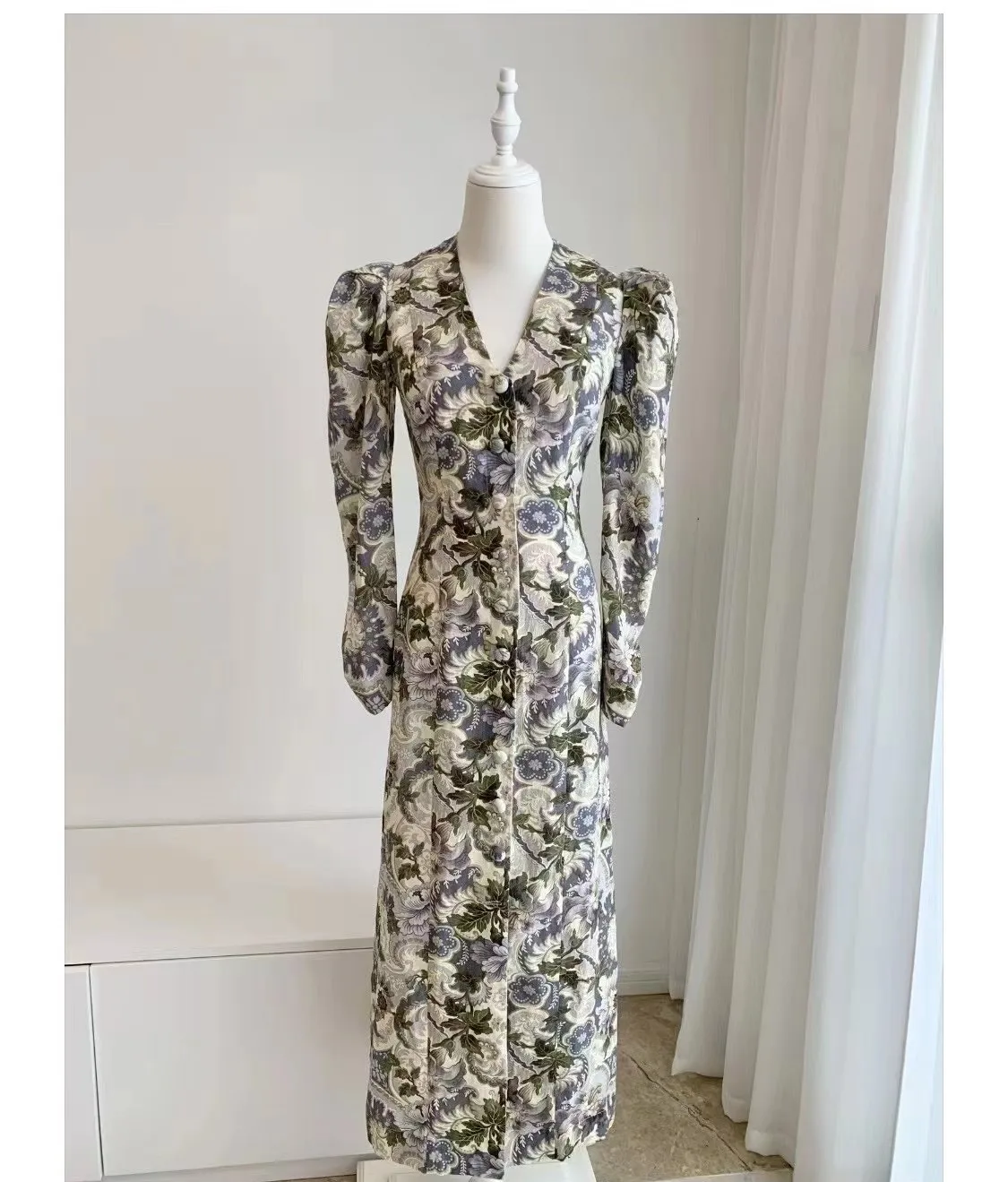 Women Puff Sleeve Flower Printed V-Neck Single Breasted Slim Linen Midi Dress