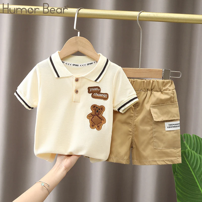 

Humor Bear Boys' Summer Set New Fashion Short Sleeve Striped Polo Shirt Two Piece Set Fashion Vestidos Casual Outfit 1-5Y