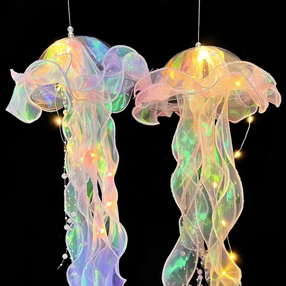 

Jellyfish Colorful Nightlight Button Battery Hanging Ceiling Lantern Realistic with Ribbon&Bead for Room Decoration