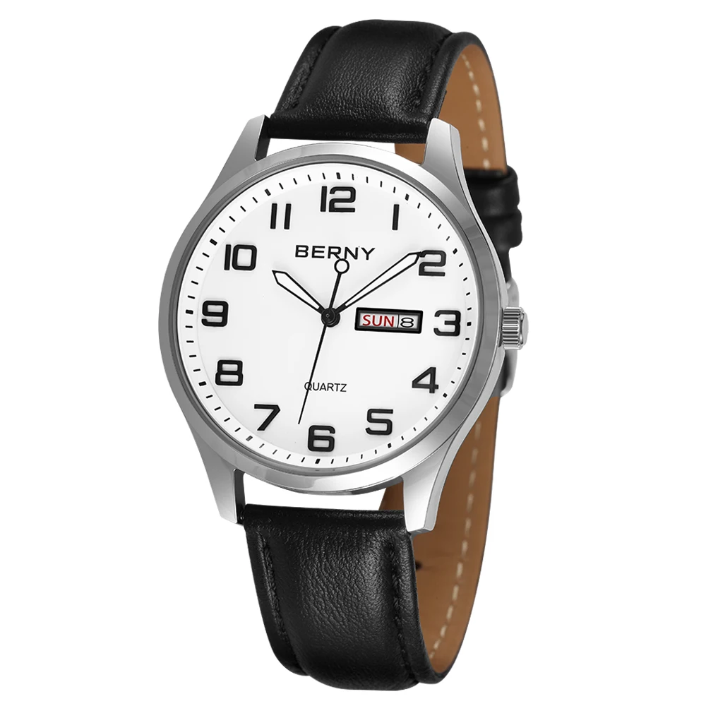 BERNY Quartz Watch for Men Miyota 2105 Business Male Wristwatch Day Date Calendar Genuine Leather Classic Men Watches Waterproof