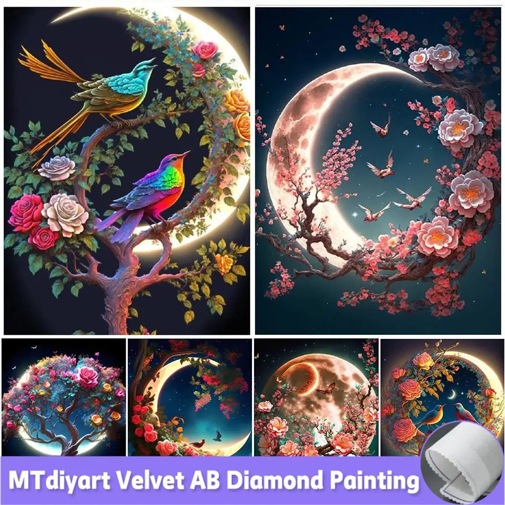 

Бархатный холст AB вышивка цветок птицы мозаика полное сверло абстрактное дерево жизни 5d Diy алмазная живопись фантазия Луна Landscpe