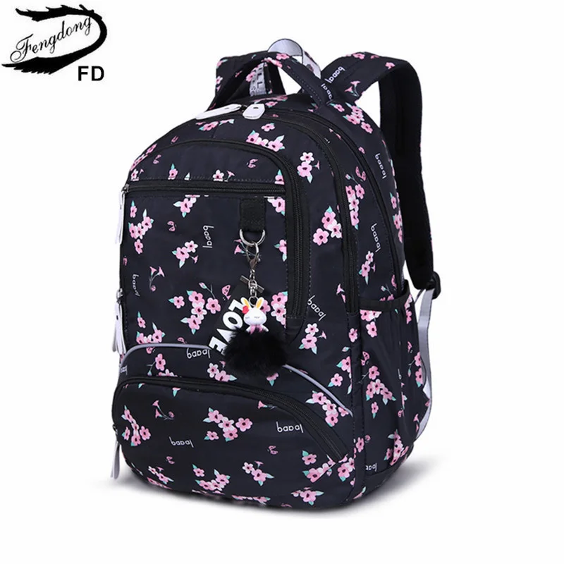 

Fengdong Cherry blossoms school backpack for women black pink floral book bag school bags for girls cute flower bookbag