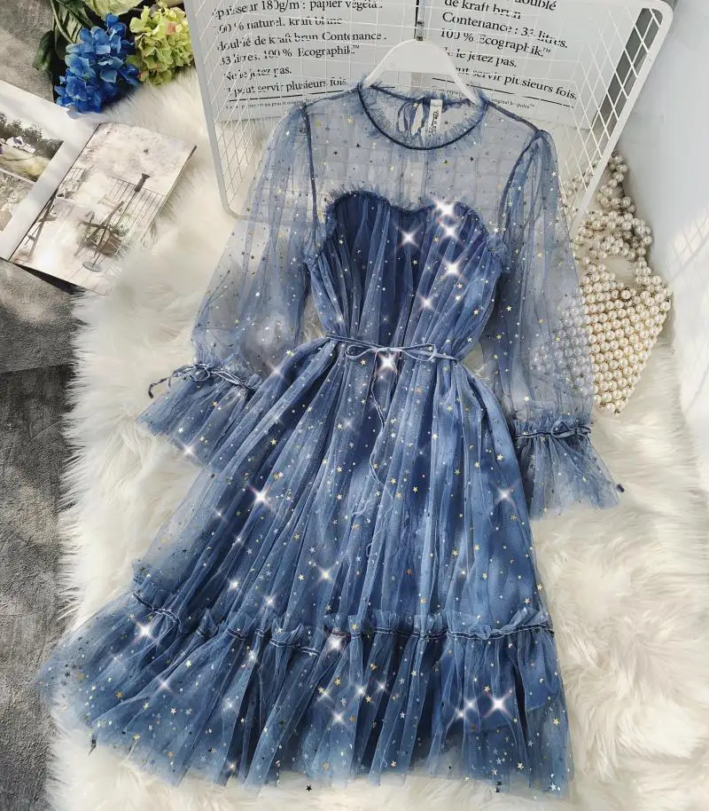 

French gentle wind fairy skirt bronzed glitter mesh lace first love girl dress tide women dress