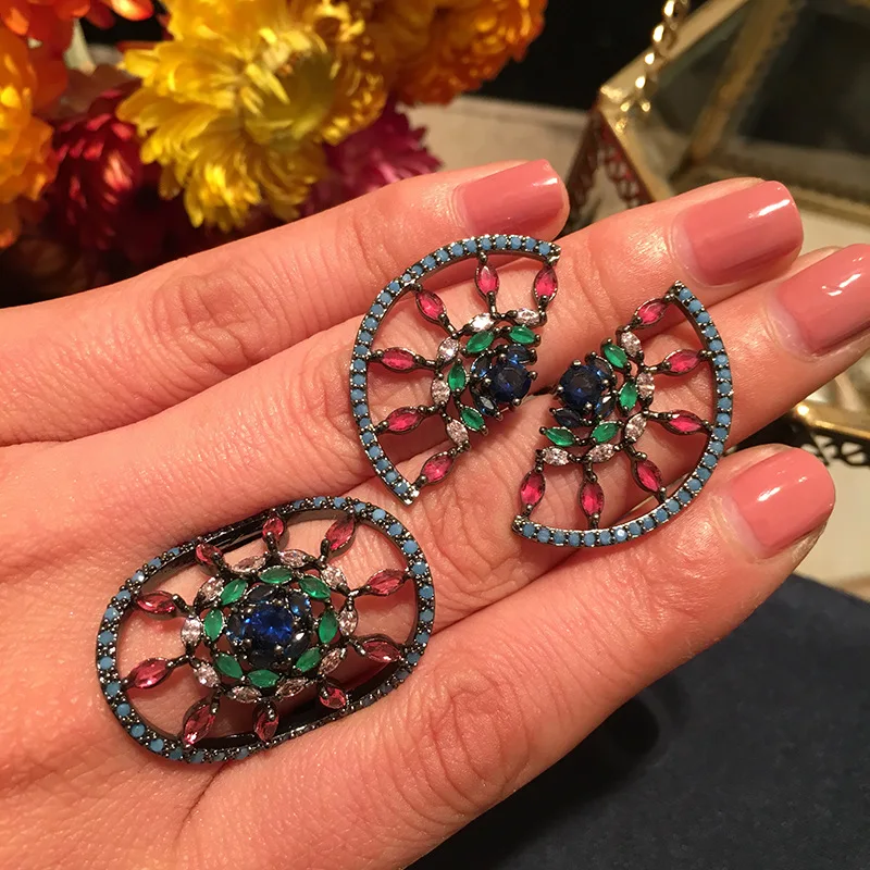 

Серьги и кольцо в стиле барокко для женщин, комплект из кольца и серёг в ретро стиле с синими цветами из фианита, Роскошный аксессуар для бан...