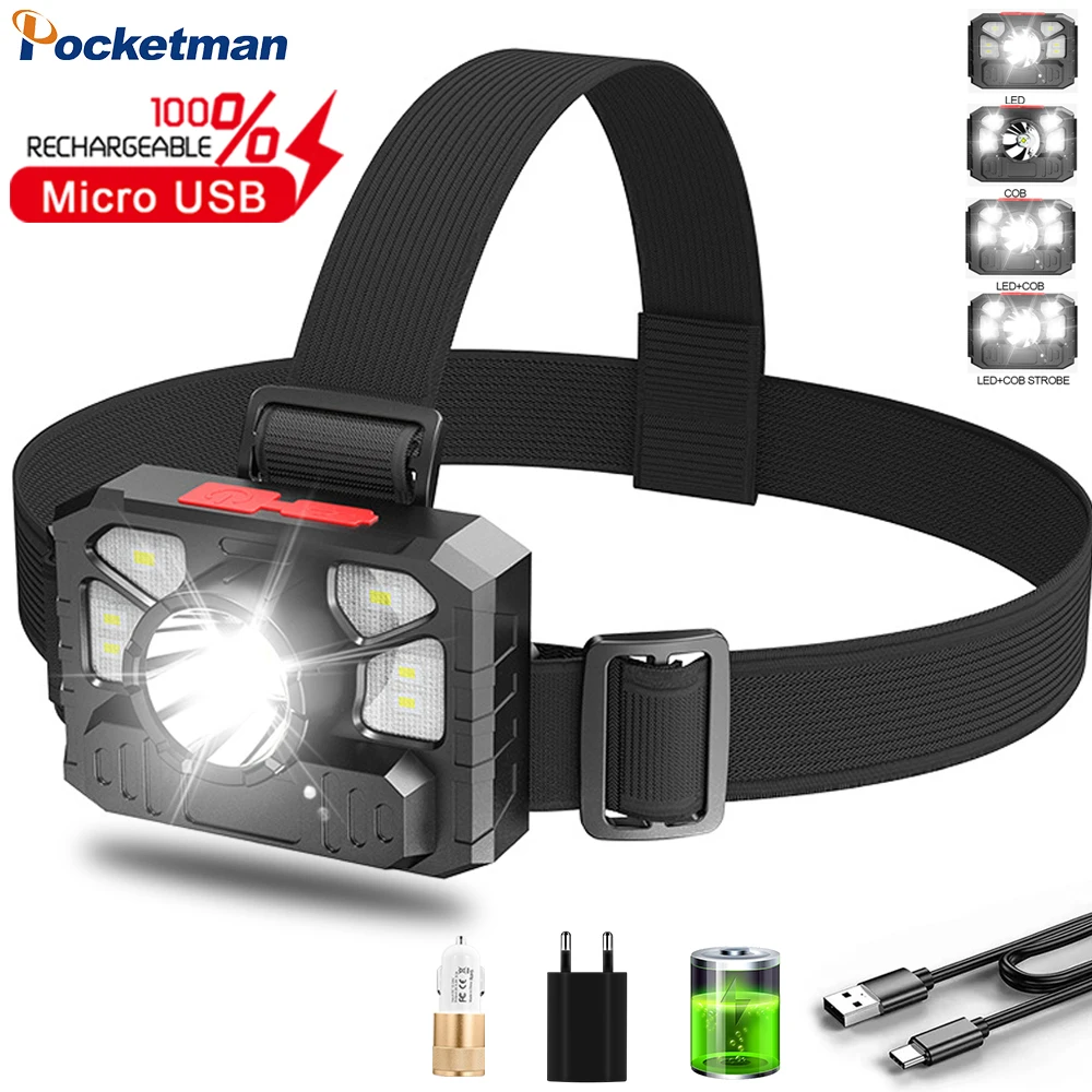 

Super Bright COB+LED Headlamp Rechargeable Headlight Waterproof Headlamps 4 Switch Modes USB Headlights with Built-in Battery