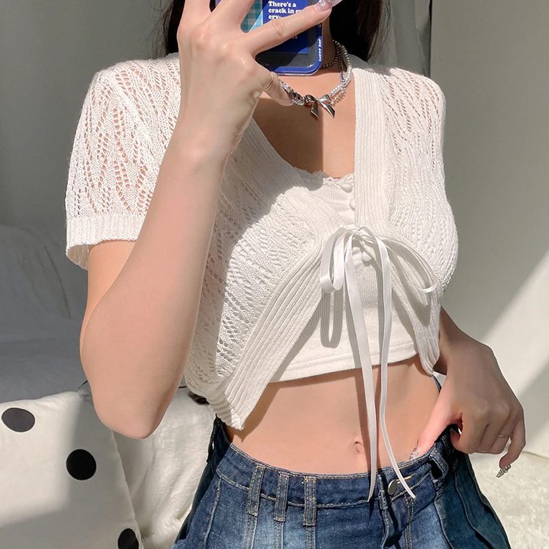 

Женский трикотажный топ, однотонный Повседневный укороченный топ с коротким рукавом и завязкой спереди, с вырезами на лето