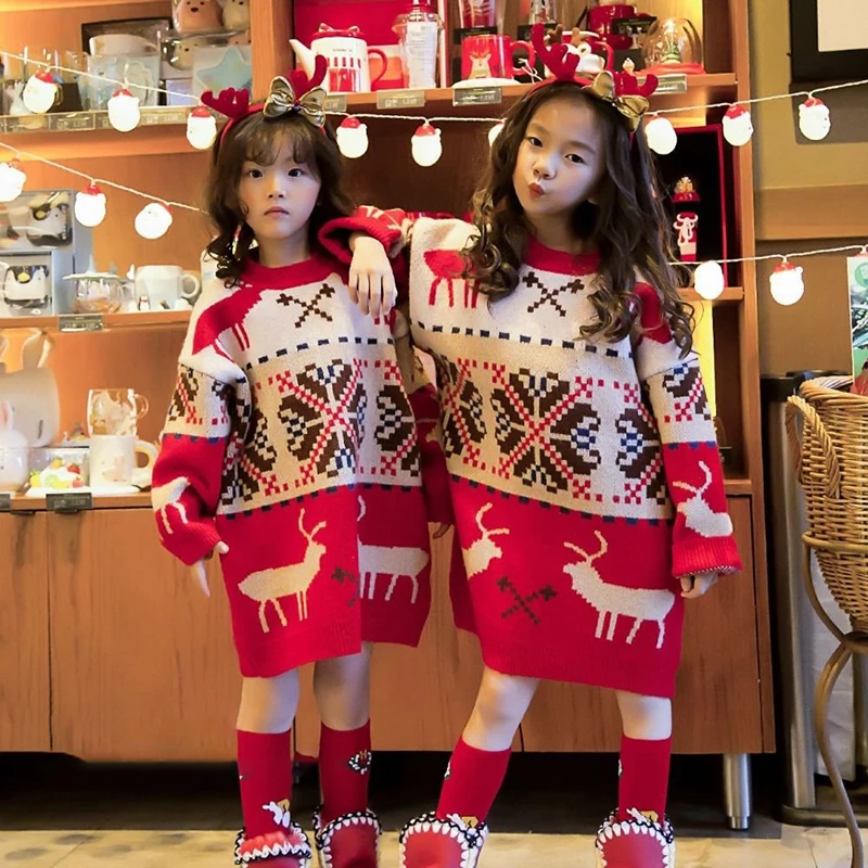 

Autumn Winter New Girls Christmas Sweater Mid-length Teens Fashion Xmas Elk Knitted Sweater Loose Kids New Year Clothes 2-12Y