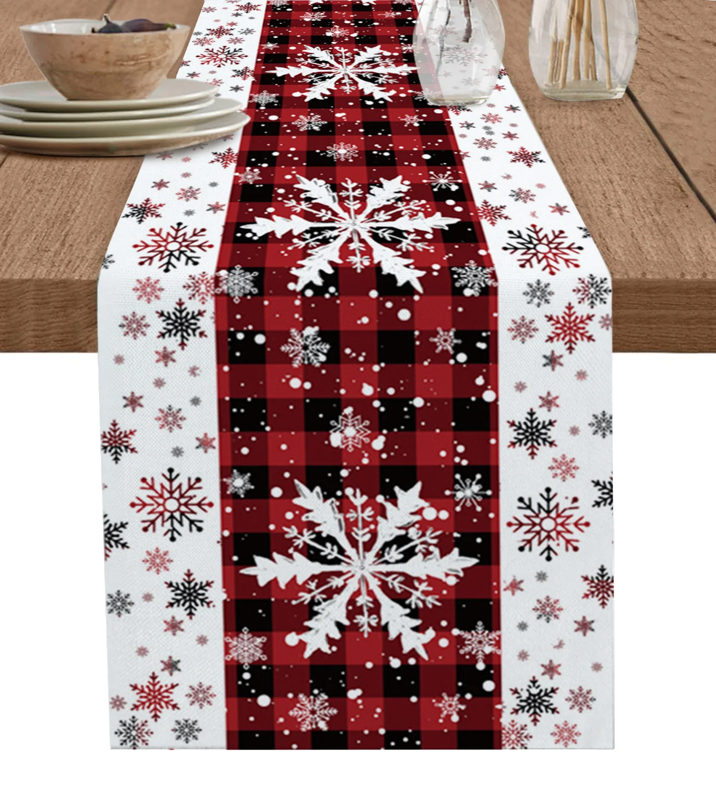 

Christmas Snowflake Plaid Pattern Simple Table Runner Wedding Party Dining Table Cover Placemat Napkin Home Kitchen Decoration