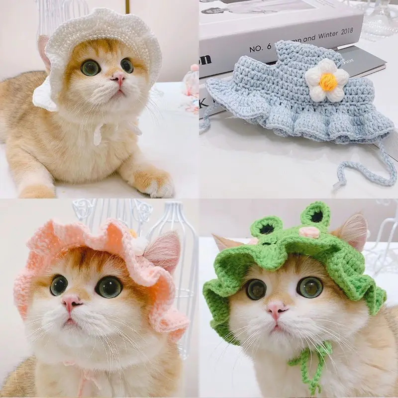 

Pet Hat Delicate Hemming Pendant Decor High Elasticity Cute Pet Adjustable Strap Knitted Hat for Party Dog Headwear