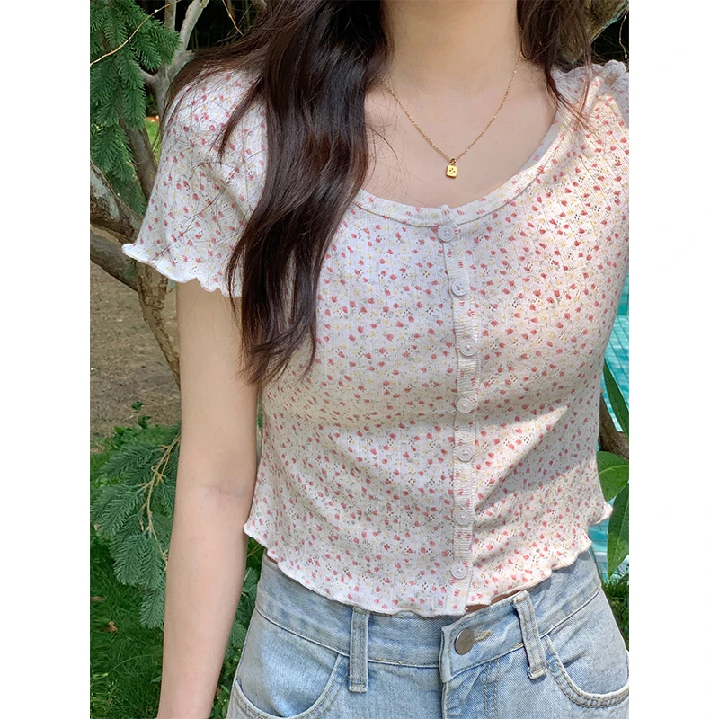 

2023 New Spring Summer Floral Print Short Sleeve T-shirts Women Casual O-neck Crop Top Japan Style Female Small Fresh Slim Tees