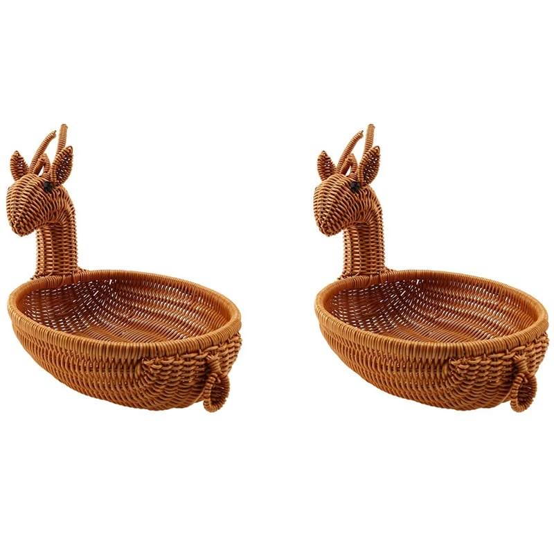 

2X Rattan Woven Fruit Basket, Imitation Deer Bread Basket Fruit Bowls Tray Vegetable Snack Basket Large