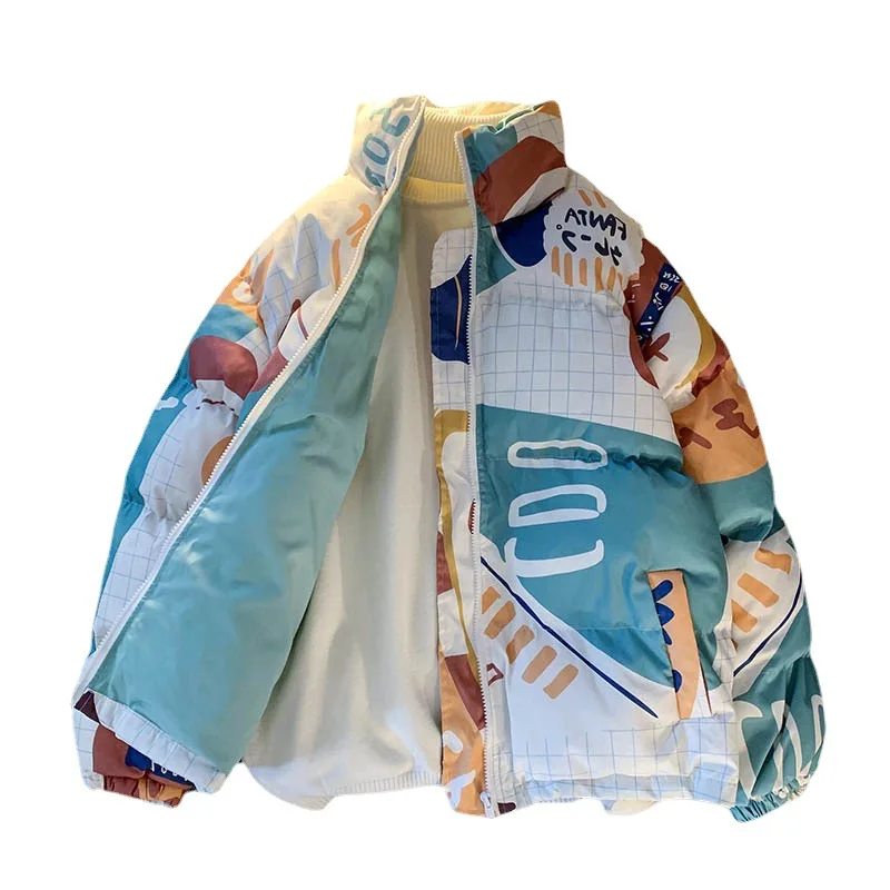 2022 New Winter Double-sided Parkas Harajuku Solid Color Print Cartoon Unisex Winter Jackets for Men Streetwear Women Coat Zip