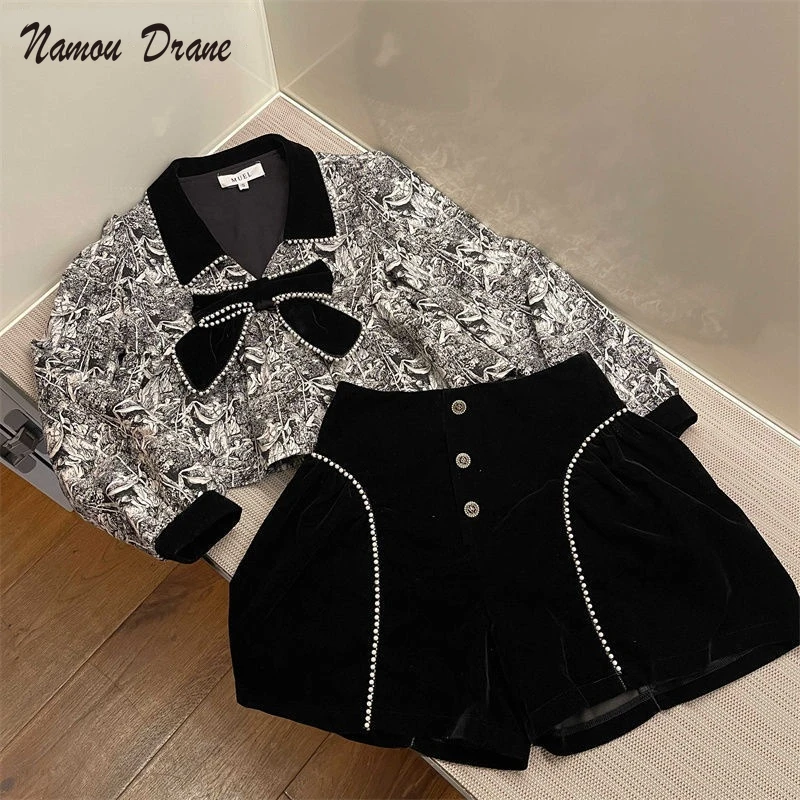 

Namou Drane Chic 2022 Spring Women Sets Korean Printed Bowknot Turn-down Collar Sweet Tops + High Waist Wide Leg Shorts Outfits