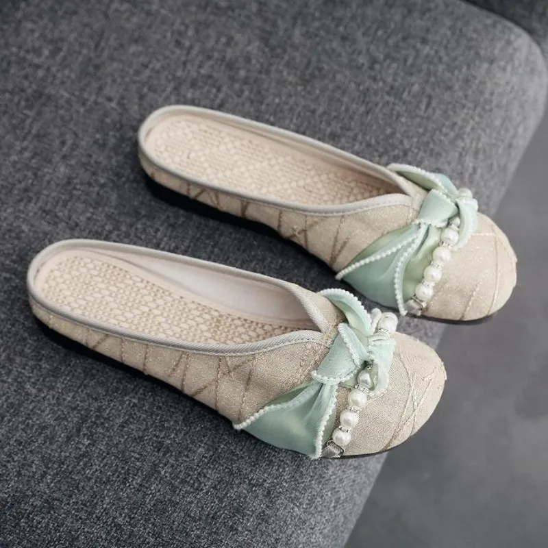 Women Cotton Fabric Summer Slipper with Butterfly-knot Ladies Fashion Pearl Mules Hemp Insole Flat Heeled Sweet Slides