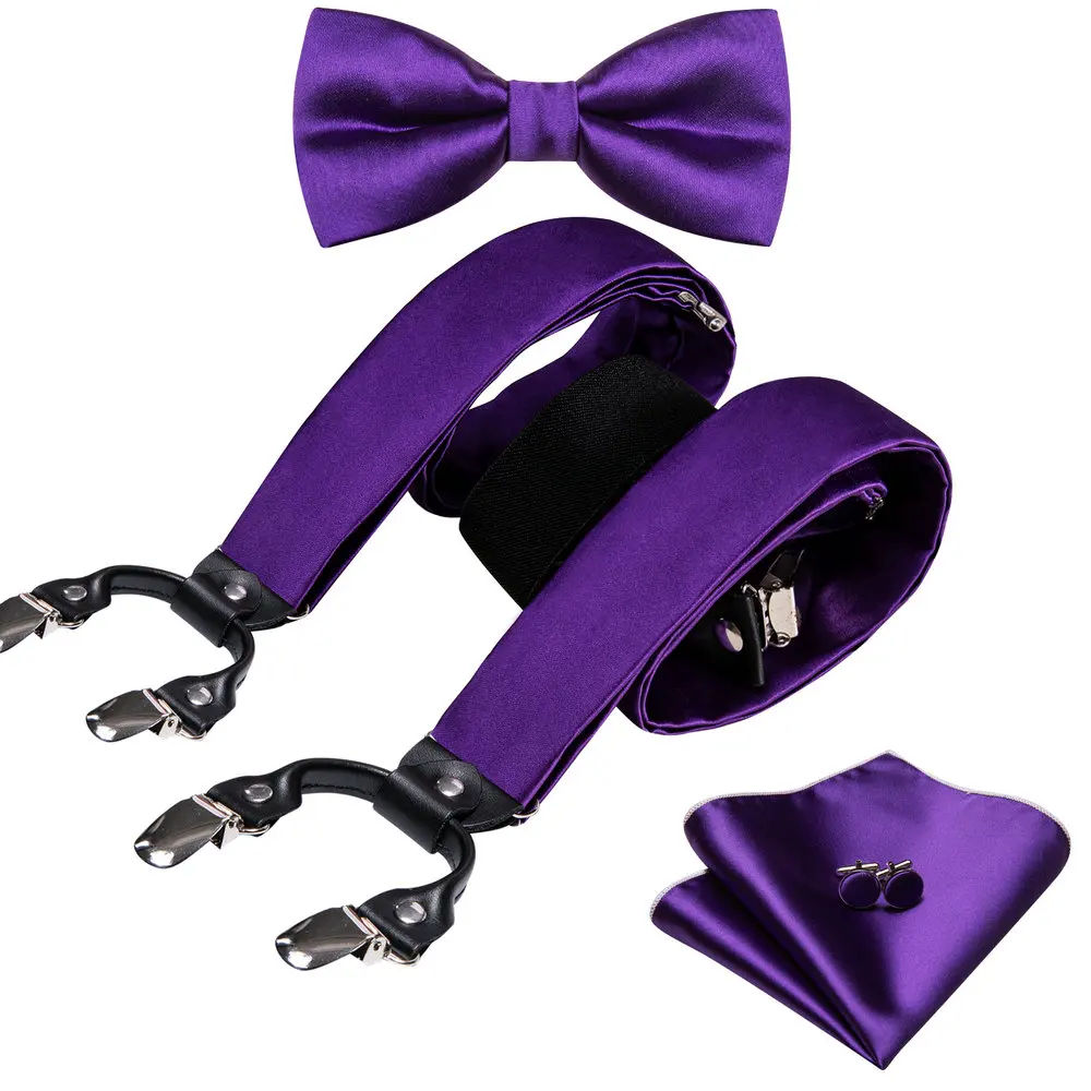 

Purple Men's Suspender Silk Solid Bowtie Handkerchief Cufflinks Set Elegant Adjustable 6 Clips Wedding Party Designer Barry.Wang